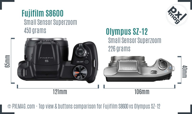 Fujifilm S8600 vs Olympus SZ-12 top view buttons comparison