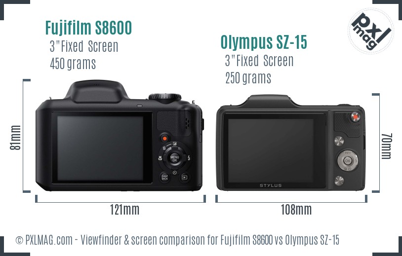 Fujifilm S8600 vs Olympus SZ-15 Screen and Viewfinder comparison