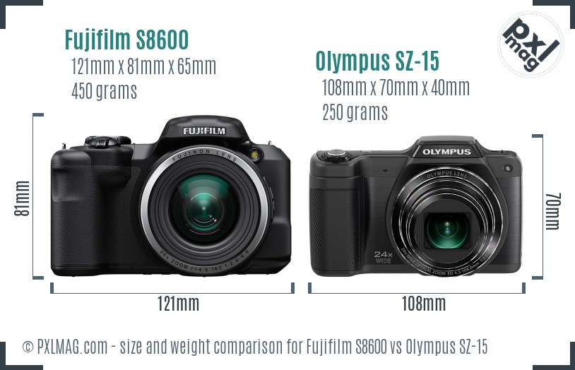 Fujifilm S8600 vs Olympus SZ-15 size comparison Fujifilm S8600 vs Olympus SZ-15 size comparison
