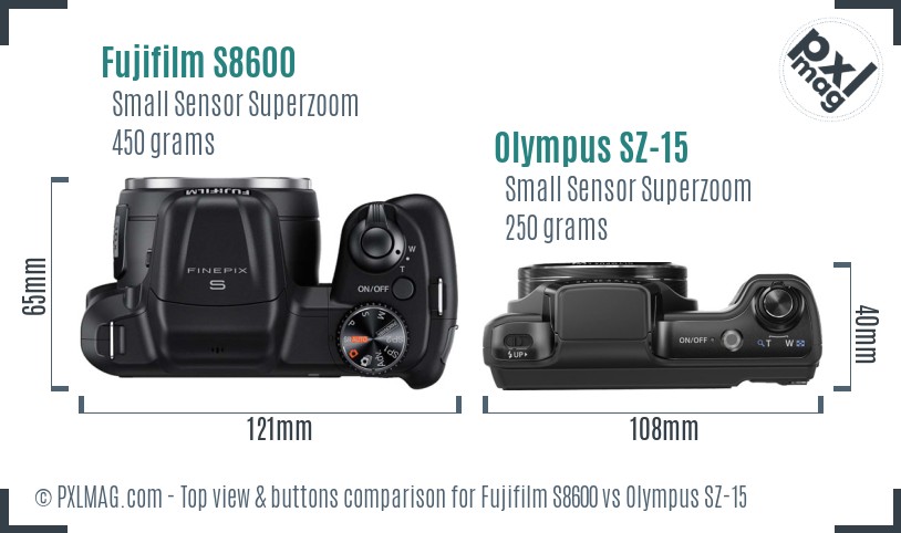 Fujifilm S8600 vs Olympus SZ-15 top view buttons comparison