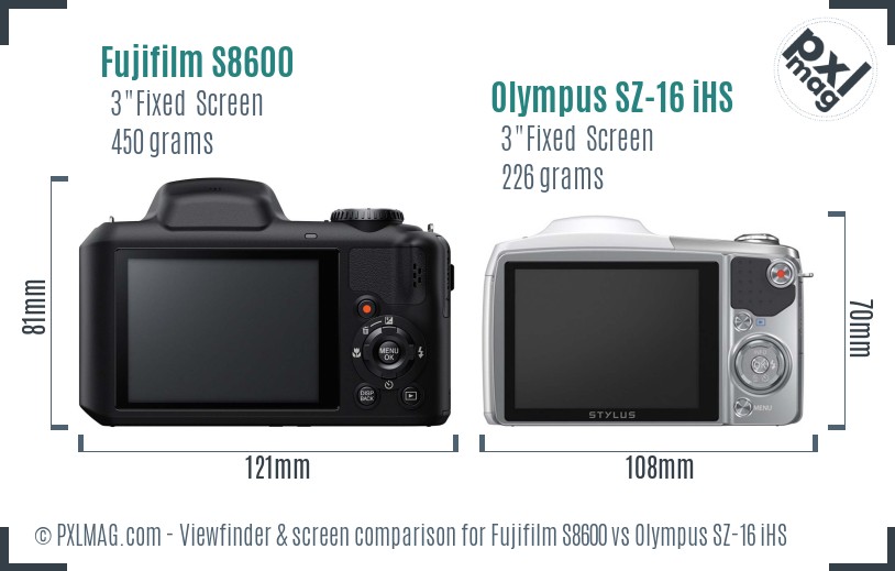 Fujifilm S8600 vs Olympus SZ-16 iHS Screen and Viewfinder comparison