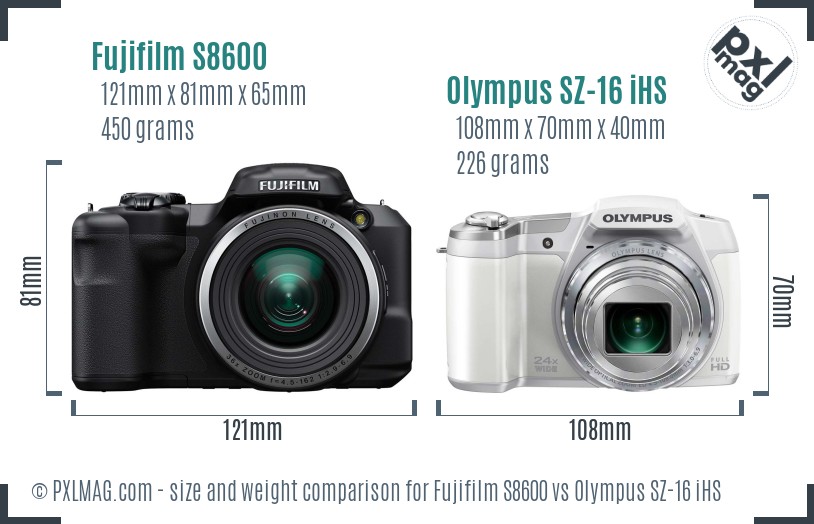 Fujifilm S8600 vs Olympus SZ-16 iHS size comparison