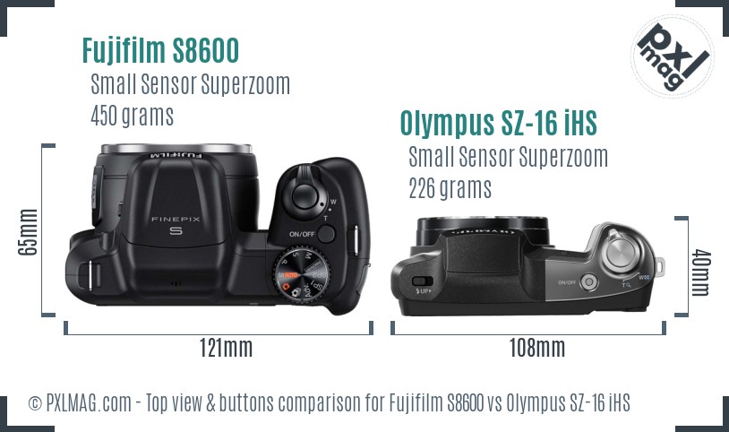 Fujifilm S8600 vs Olympus SZ-16 iHS top view buttons comparison