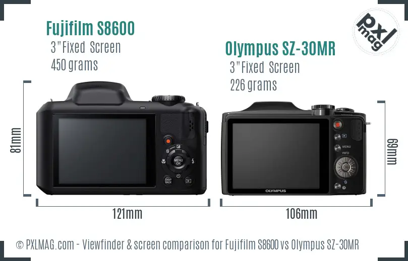 Fujifilm S8600 vs Olympus SZ-30MR Screen and Viewfinder comparison
