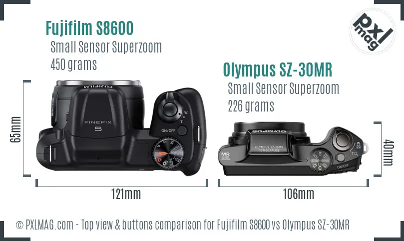 Fujifilm S8600 vs Olympus SZ-30MR top view buttons comparison