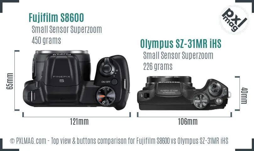 Fujifilm S8600 vs Olympus SZ-31MR iHS top view buttons comparison