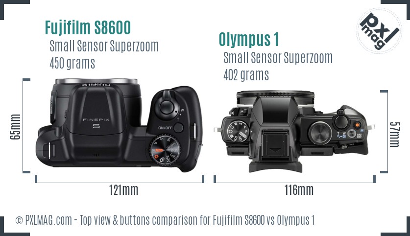 Fujifilm S8600 vs Olympus 1 top view buttons comparison