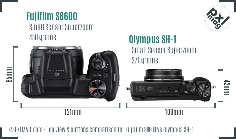 Fujifilm S8600 vs Olympus SH-1 top view buttons comparison Fujifilm S8600 vs Olympus SH-1 top view buttons comparison