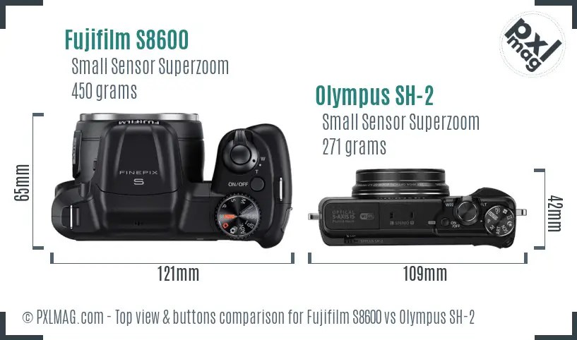 Fujifilm S8600 vs Olympus SH-2 top view buttons comparison