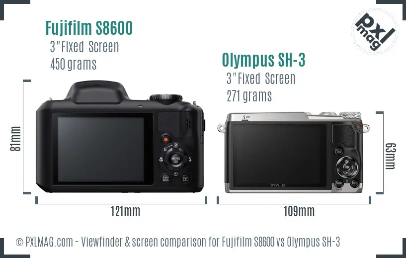 Fujifilm S8600 vs Olympus SH-3 Screen and Viewfinder comparison
