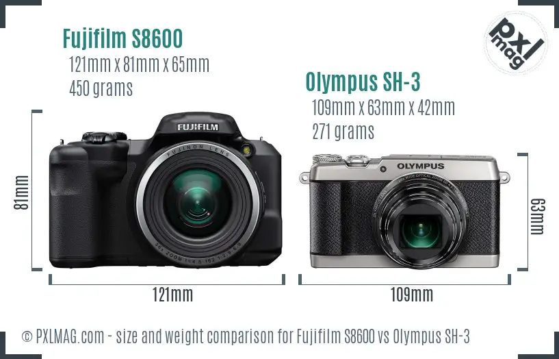 Fujifilm S8600 vs Olympus SH-3 size comparison