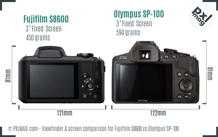 Fujifilm S8600 vs Olympus SP-100 Screen and Viewfinder comparison
