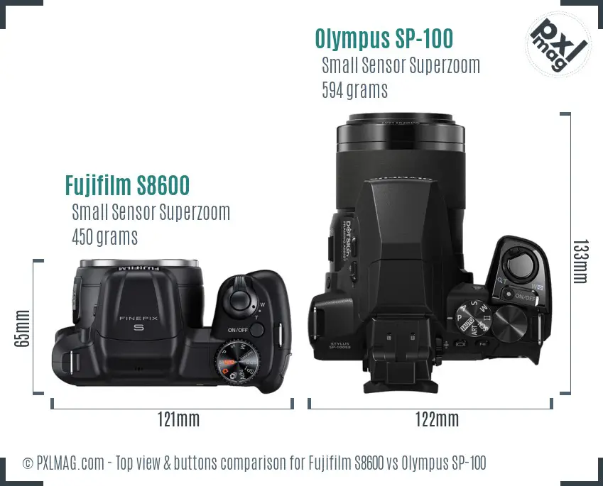 Fujifilm S8600 vs Olympus SP-100 top view buttons comparison