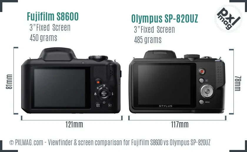 Fujifilm S8600 vs Olympus SP-820UZ Screen and Viewfinder comparison