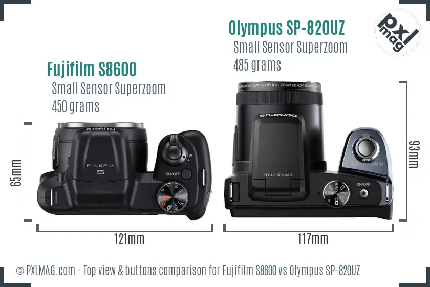 Fujifilm S8600 vs Olympus SP-820UZ top view buttons comparison