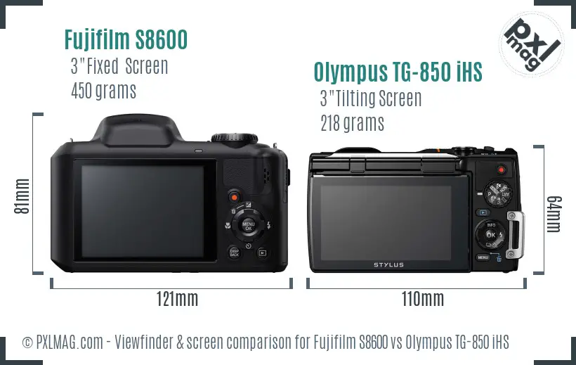 Fujifilm S8600 vs Olympus TG-850 iHS Screen and Viewfinder comparison