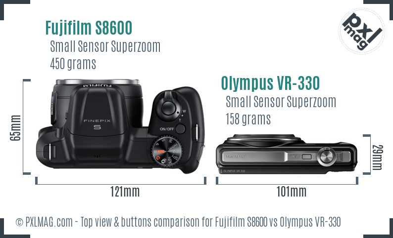 Fujifilm S8600 vs Olympus VR-330 top view buttons comparison