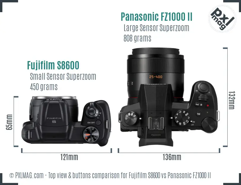 Fujifilm S8600 vs Panasonic FZ1000 II top view buttons comparison