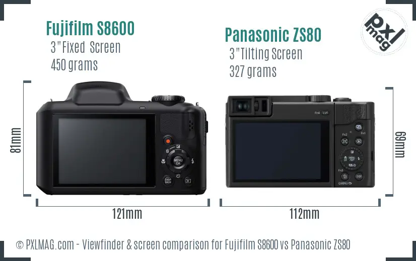 Fujifilm S8600 vs Panasonic ZS80 Screen and Viewfinder comparison