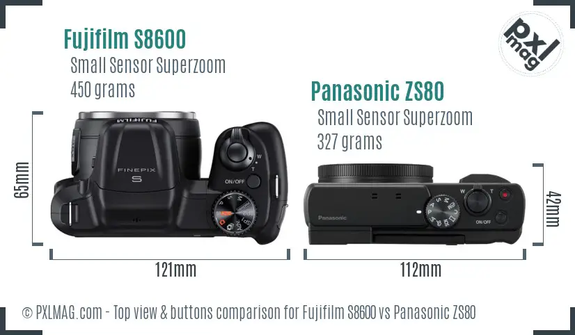 Fujifilm S8600 vs Panasonic ZS80 top view buttons comparison