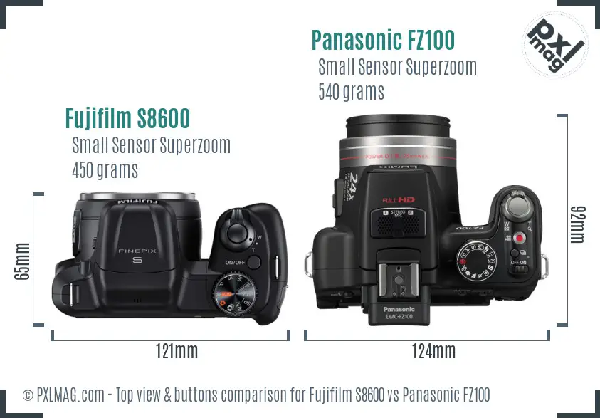 Fujifilm S8600 vs Panasonic FZ100 top view buttons comparison