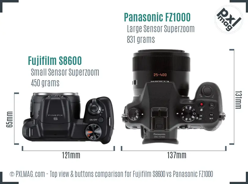 Fujifilm S8600 vs Panasonic FZ1000 top view buttons comparison