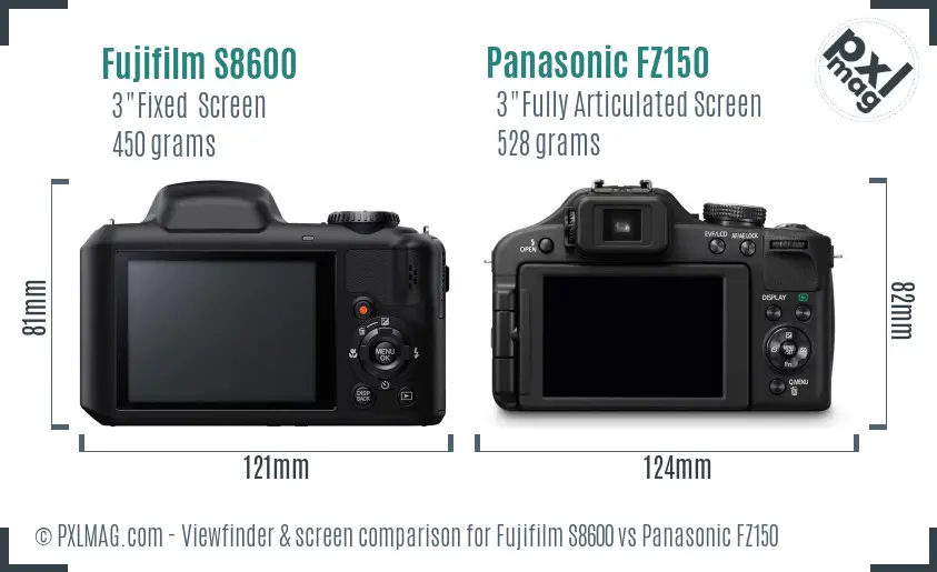 Fujifilm S8600 vs Panasonic FZ150 Screen and Viewfinder comparison