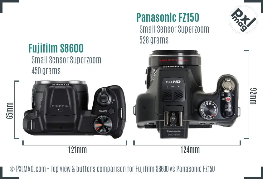 Fujifilm S8600 vs Panasonic FZ150 top view buttons comparison