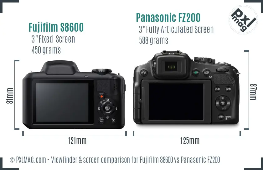 Fujifilm S8600 vs Panasonic FZ200 Screen and Viewfinder comparison