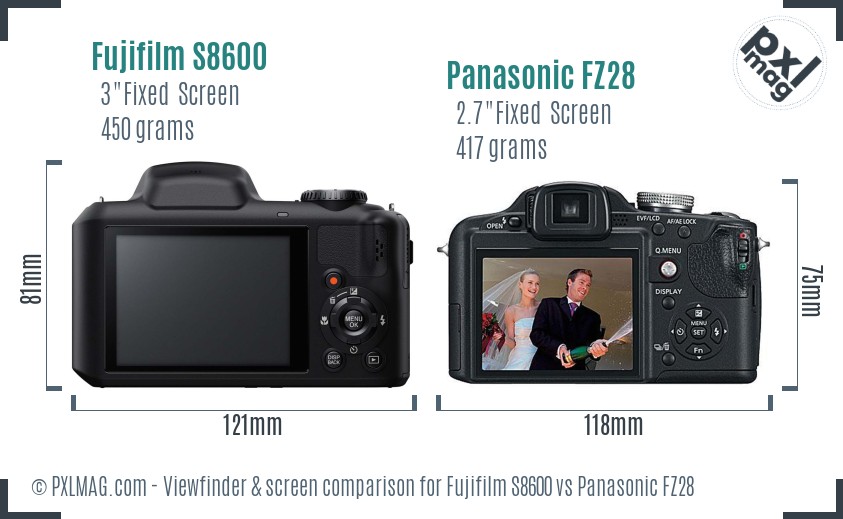 Fujifilm S8600 vs Panasonic FZ28 Screen and Viewfinder comparison