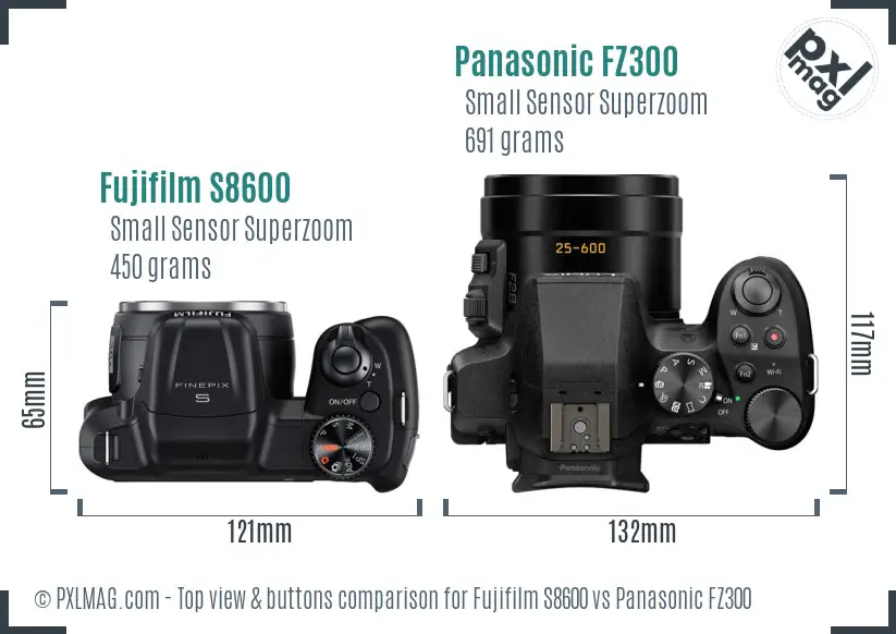 Fujifilm S8600 vs Panasonic FZ300 top view buttons comparison