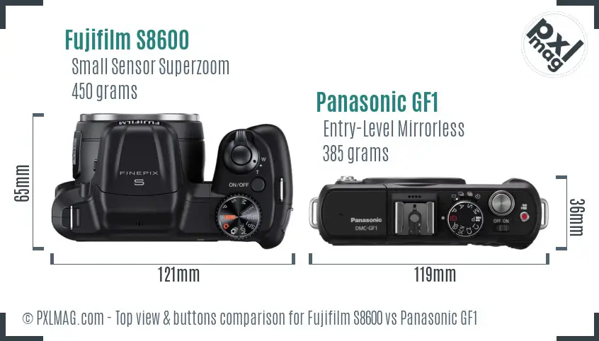 Fujifilm S8600 vs Panasonic GF1 top view buttons comparison
