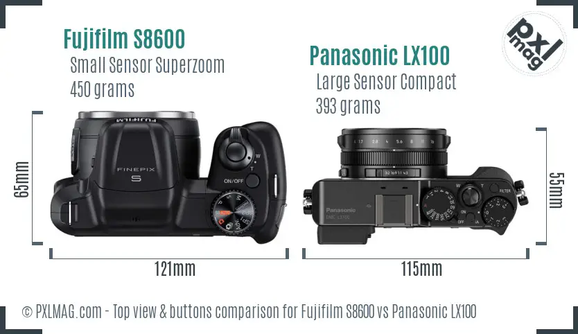 Fujifilm S8600 vs Panasonic LX100 top view buttons comparison