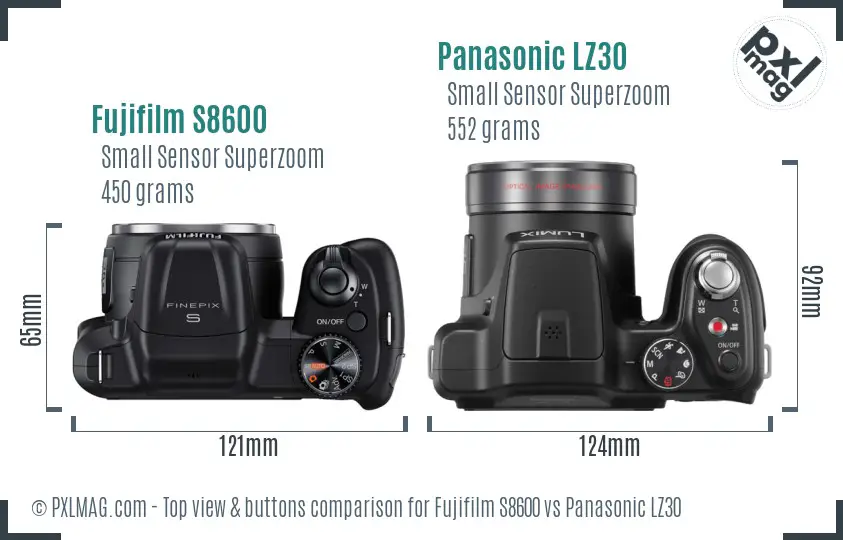 Fujifilm S8600 vs Panasonic LZ30 top view buttons comparison