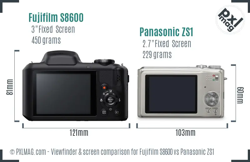 Fujifilm S8600 vs Panasonic ZS1 Screen and Viewfinder comparison