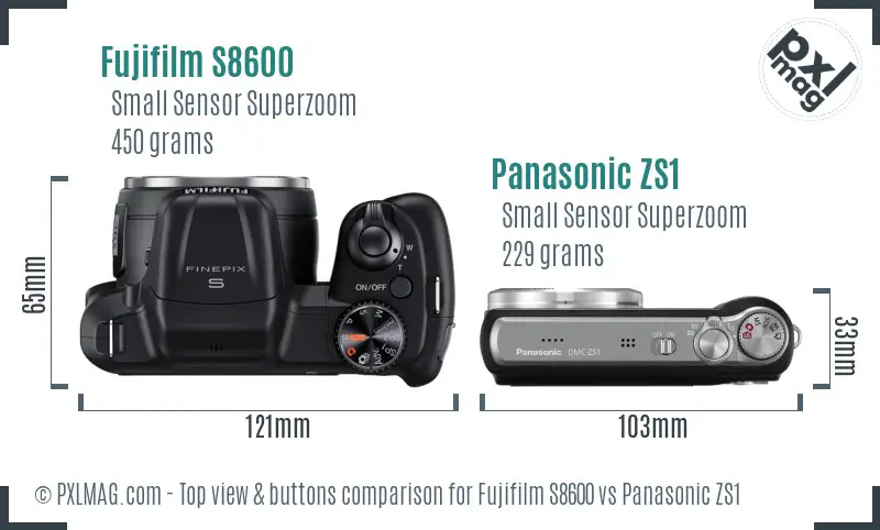 Fujifilm S8600 vs Panasonic ZS1 top view buttons comparison