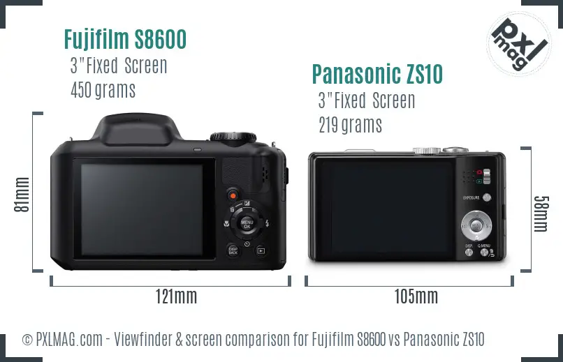 Fujifilm S8600 vs Panasonic ZS10 Screen and Viewfinder comparison