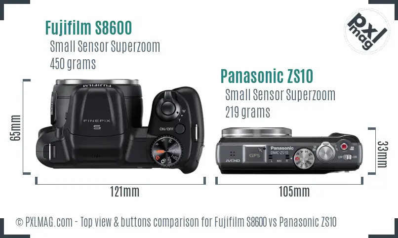 Fujifilm S8600 vs Panasonic ZS10 top view buttons comparison