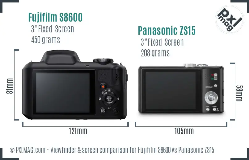 Fujifilm S8600 vs Panasonic ZS15 Screen and Viewfinder comparison