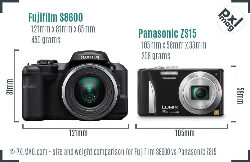 Fujifilm S8600 vs Panasonic ZS15 size comparison