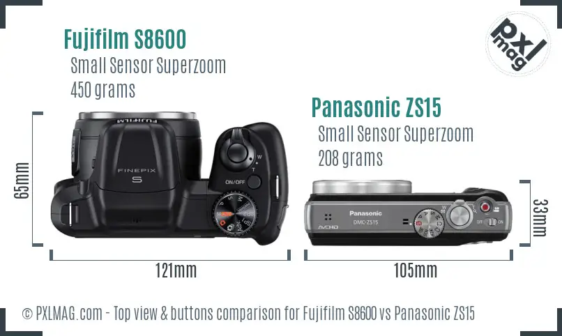 Fujifilm S8600 vs Panasonic ZS15 top view buttons comparison