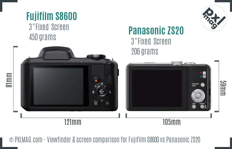 Fujifilm S8600 vs Panasonic ZS20 Screen and Viewfinder comparison