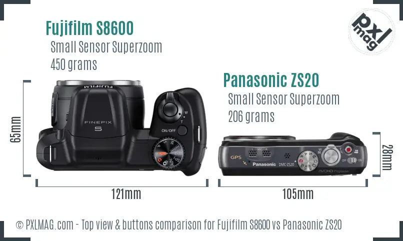 Fujifilm S8600 vs Panasonic ZS20 top view buttons comparison