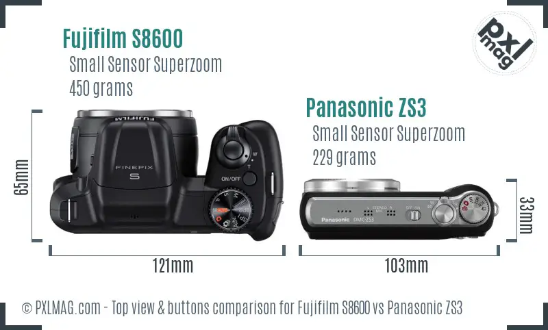 Fujifilm S8600 vs Panasonic ZS3 top view buttons comparison Fujifilm S8600 vs Panasonic ZS3 top view buttons comparison