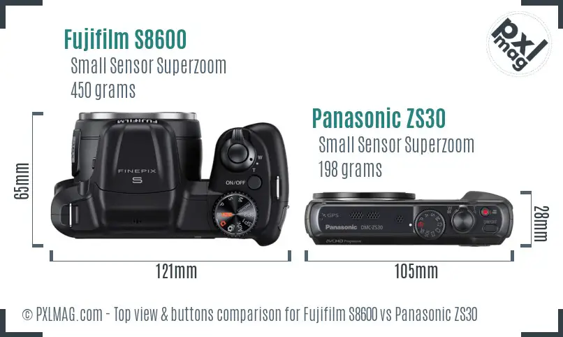 Fujifilm S8600 vs Panasonic ZS30 top view buttons comparison