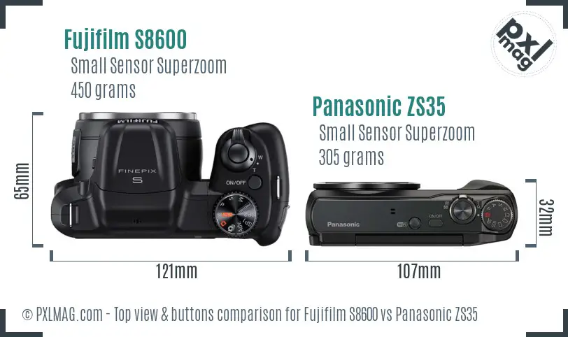 Fujifilm S8600 vs Panasonic ZS35 top view buttons comparison Fujifilm S8600 vs Panasonic ZS35 top view buttons comparison