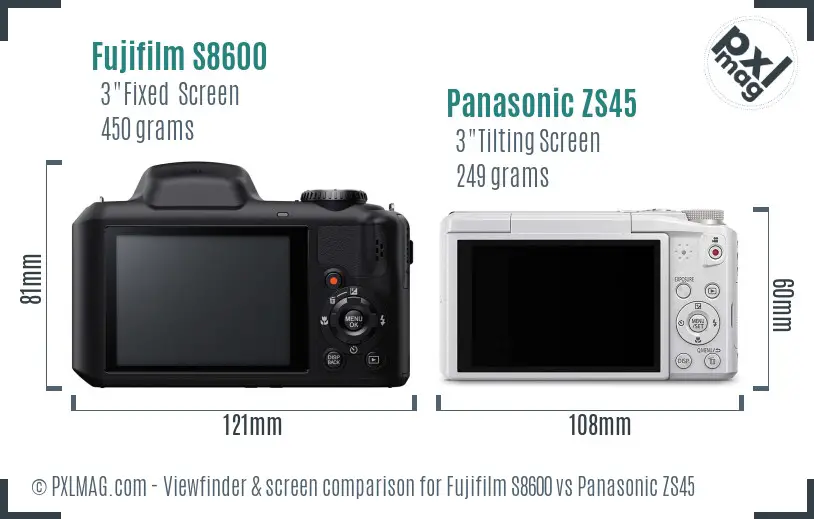 Fujifilm S8600 vs Panasonic ZS45 Screen and Viewfinder comparison