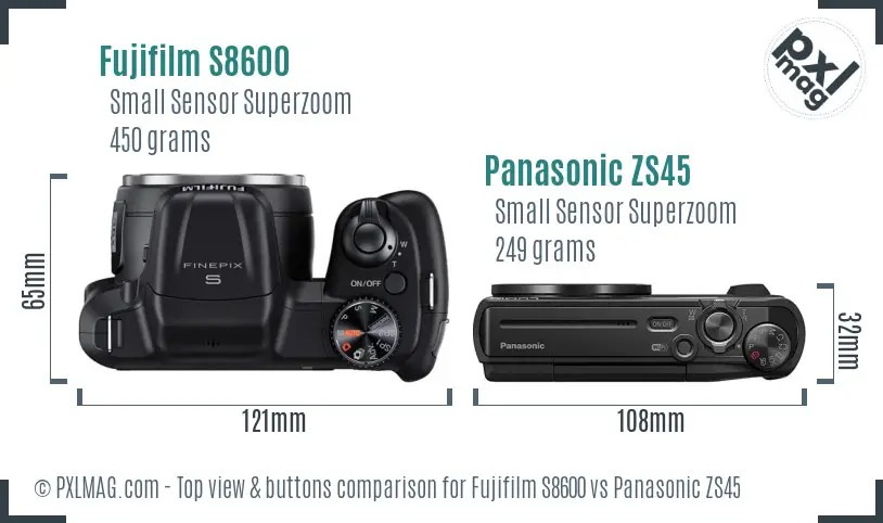 Fujifilm S8600 vs Panasonic ZS45 top view buttons comparison