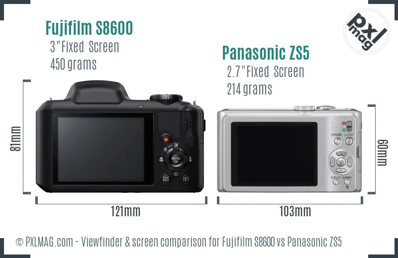 Fujifilm S8600 vs Panasonic ZS5 Screen and Viewfinder comparison