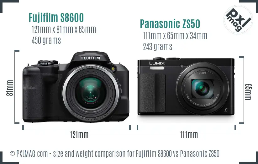 Fujifilm S8600 vs Panasonic ZS50 size comparison